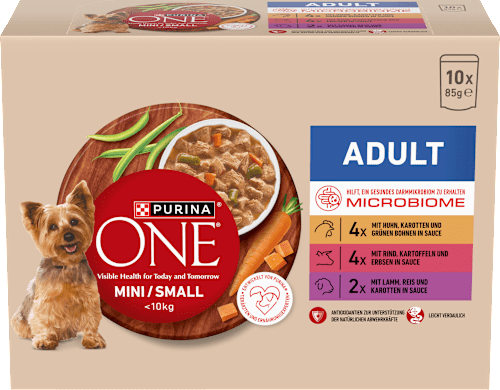 Nassfutter Hund mit Huhn, Rind, Truthahn & Lamm, Mini für kleine Rassen, Multipack (10x85 g) PURINA ONE