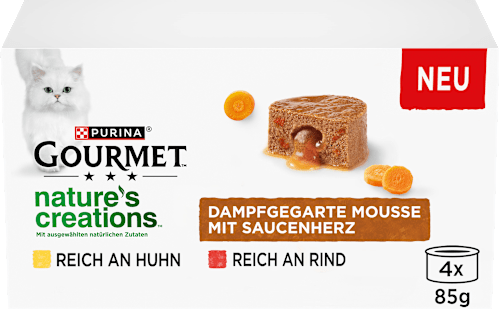 Nassfutter Katze mit Huhn & Rind, nature's creations Mousse mit Saucenherz, Multipack (4x85 g) Purina Gourmet