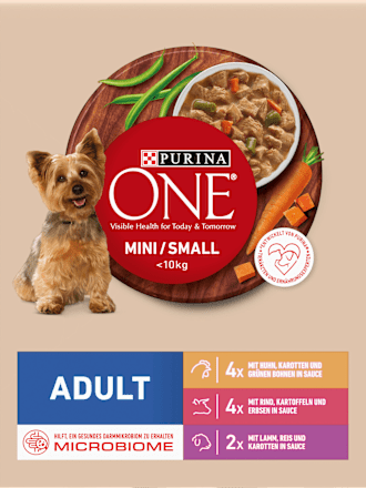 Nassfutter Hund mit Huhn, Rind, Truthahn & Lamm, Mini für kleine Rassen, Multipack (10x85 g) PURINA ONE