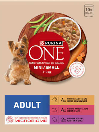 Nassfutter Hund mit Huhn, Rind, Truthahn & Lamm, Mini für kleine Rassen, Multipack (10x85 g) PURINA ONE