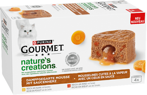 Nassfutter Katze mit Huhn & Rind, nature's creations Mousse mit Saucenherz, Multipack (4x85 g) Purina Gourmet
