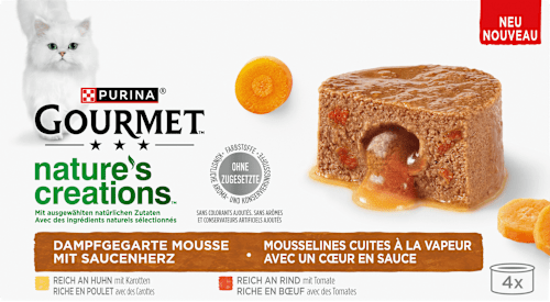 Nassfutter Katze mit Huhn & Rind, nature's creations Mousse mit Saucenherz, Multipack (4x85 g) Purina Gourmet