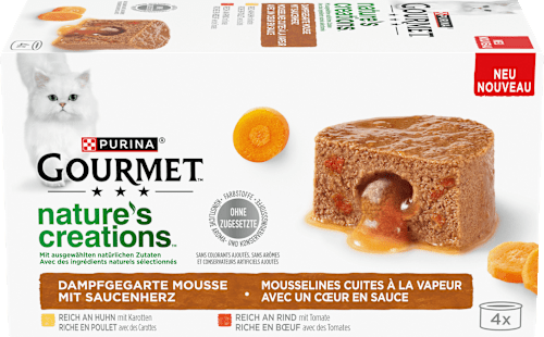 Nassfutter Katze mit Huhn & Rind, nature's creations Mousse mit Saucenherz, Multipack (4x85 g) Purina Gourmet