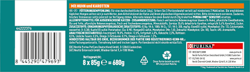 Nassfutter Katze Sensitive mit Huhn & Karotten, Multipack (8x85 g) PURINA ONE