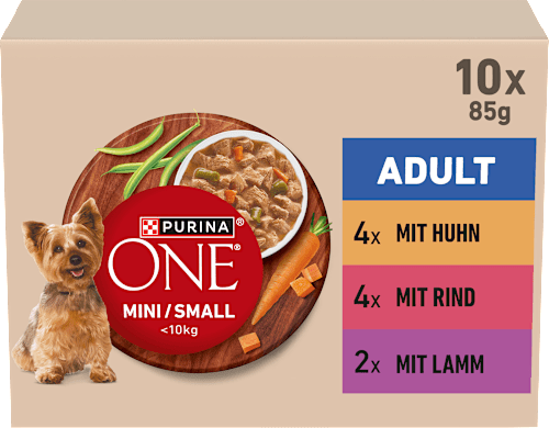 Nassfutter Hund mit Huhn, Rind, Truthahn & Lamm, Mini für kleine Rassen, Multipack (10x85 g) PURINA ONE