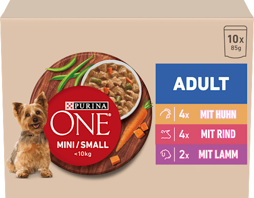 Nassfutter Hund mit Huhn, Rind, Truthahn & Lamm, Mini für kleine Rassen, Multipack (10x85 g) PURINA ONE