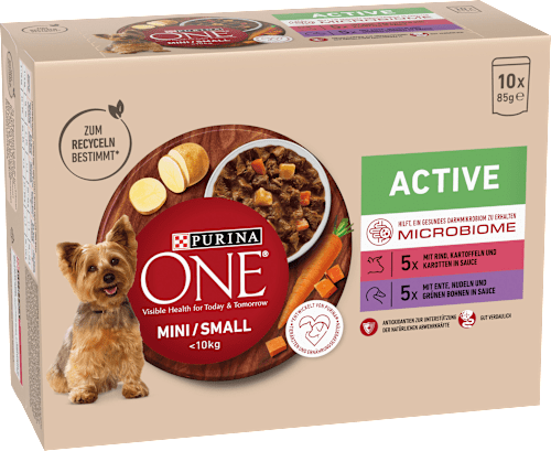 Nassfutter Hund mit Rind & Ente, MINI Active für kleine Rassen, Multipack (10x85 g) PURINA ONE