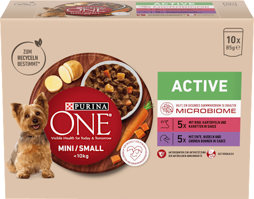 Nassfutter Hund mit Rind & Ente, MINI Active für kleine Rassen, Multipack (10x85 g) PURINA ONE