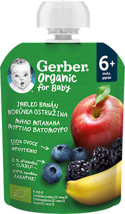 organic BIO příkrm v sáčku jablko, banán, borůvka a ostružina Gerber Organic