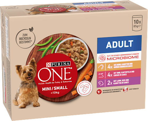 Nassfutter Hund mit Huhn, Rind, Truthahn & Lamm, Mini für kleine Rassen, Multipack (10x85 g) PURINA ONE