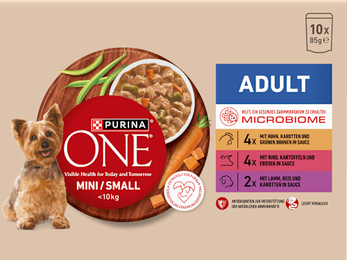 Nassfutter Hund mit Huhn, Rind, Truthahn & Lamm, Mini für kleine Rassen, Multipack (10x85 g) PURINA ONE