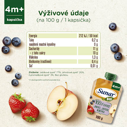 BIO ovocná kapsička jablko, jahoda, čučoriedka 4m+ Sunar