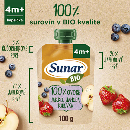 BIO ovocná kapsička jablko, jahoda, čučoriedka 4m+ Sunar
