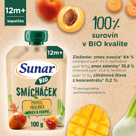 BIO ovocná kapsička Smícháček mango, mrkva, marhuľa a fenikel Sunar