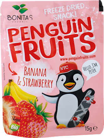 BIO zmes sušených banánov a jahôd Penguin Fruits BONITAS ORGANIC