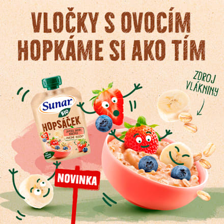 BIO ovocná kapsička Hopsáček jahoda, banán, čučoriedka a ovsené vločky Sunar