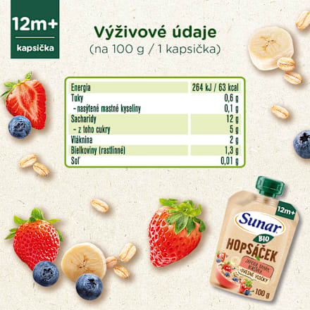 BIO ovocná kapsička Hopsáček jahoda, banán, čučoriedka a ovsené vločky Sunar