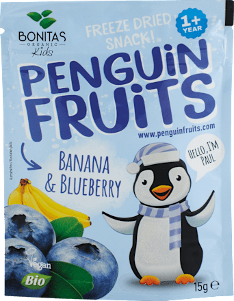 BIO zmes sušených banánov a čučoriedok Penguin Fruits BONITAS ORGANIC