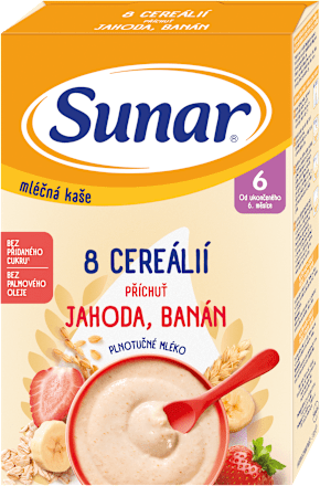 Mliečna kaša s 8 cereáliami jahoda, banán Sunar