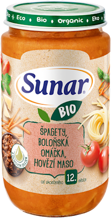 BIO príkrm špagety, bolonská omáčka, hovädzie mäso 12m+ Sunar