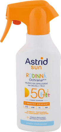 Mlieko na opaľovanie v spreji Rodinná ochrana plus, OF 50 Astrid