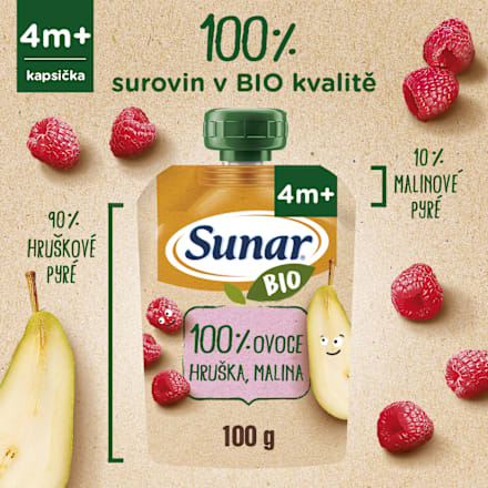 BIO příkrm v sáčku 100% ovoce hruška, malina Sunar