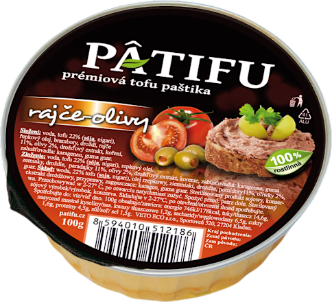 prémiová tofu paštika s příchutí rajče-olivy Patifu