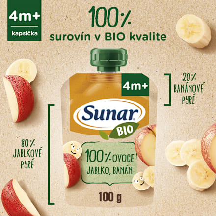 BIO ovocná kapsička jablko, banán 4m+ Sunar