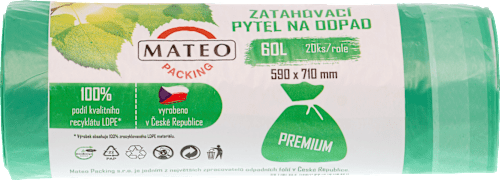 Premium zatahovací odpadkové pytle zelené 60 L, 590x710 mm MATEO PACKING