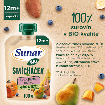 BIO ovocná kapsička Smícháček banán, hruška, tekvica, batáty a čučoriedky Sunar