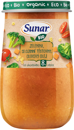 BIO príkrm zelenina, celozrnné cestoviny, olivový olej 8m+ Sunar