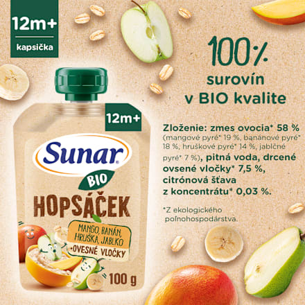 BIO ovocná kapsička Hopsáček mango, banán, hruška a ovsené vločky Sunar