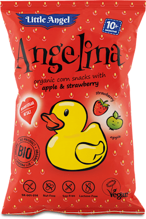 Angelina BIO kukuričné chrumky s jablkom a jahodou Little Angel