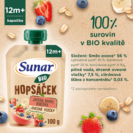 BIO příkrm v sáčku Hopsáček jahoda, banán, borůvka a ovesné vločky Sunar