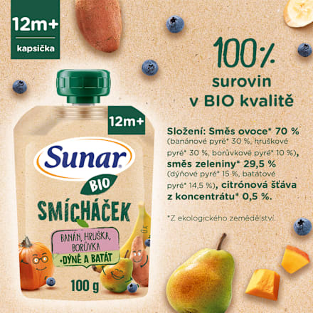 BIO příkrm v sáčku Smícháček banán, hruška, dýně, batáty a borůvky Sunar