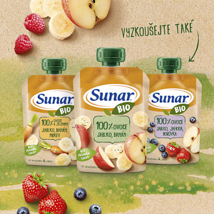 BIO příkrm v sáčku 100% ovoce hruška, malina Sunar