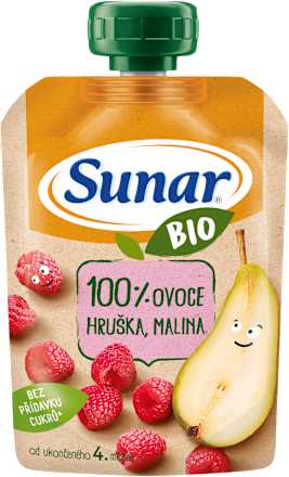 BIO příkrm v sáčku 100% ovoce hruška, malina Sunar
