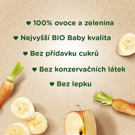 BIO příkrm v sáčku 100% ovoce a zeleniny jablko, banán, mrkev Sunar