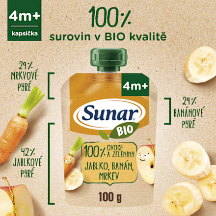 BIO příkrm v sáčku 100% ovoce a zeleniny jablko, banán, mrkev Sunar