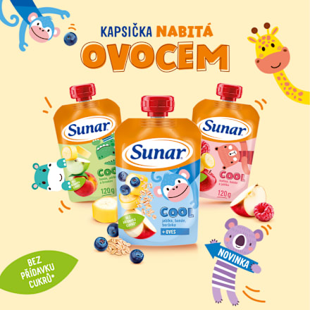 Cool ovocný příkrm v sáčku banán, meruňka a jogurt Sunar