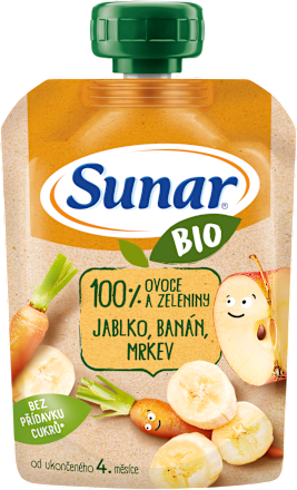 BIO příkrm v sáčku 100% ovoce a zeleniny jablko, banán, mrkev Sunar