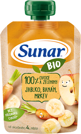 BIO ovocná kapsička jablko, banán, mrkva 4m+ Sunar