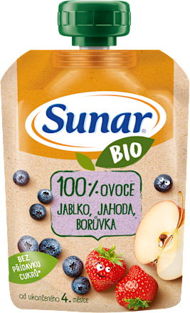 BIO ovocná kapsička jablko, jahoda, čučoriedka 4m+ Sunar