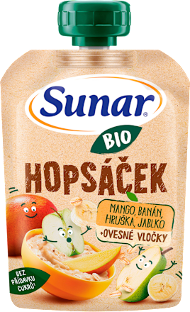 BIO ovocná kapsička Hopsáček mango, banán, hruška a ovsené vločky Sunar