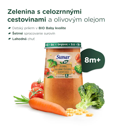 BIO príkrm zelenina, celozrnné cestoviny, olivový olej 8m+ Sunar