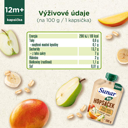 BIO ovocná kapsička Hopsáček mango, banán, hruška a ovsené vločky Sunar