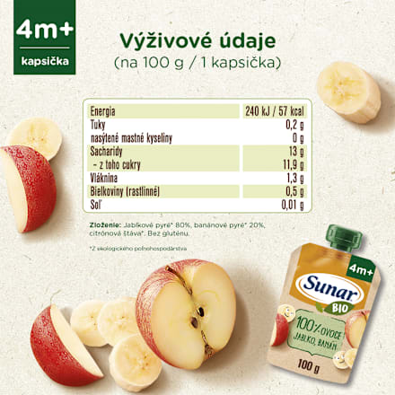 BIO ovocná kapsička jablko, banán 4m+ Sunar