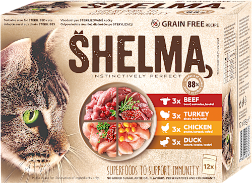 kapsičky pro kočky 4 druhy masa bez obilovin, 12x85g Multipack Shelma
