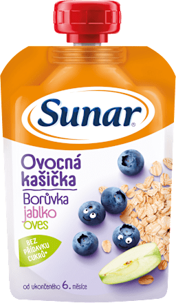 Kašička ovocná kapsička čučoriedka, jablko, ovsené vločky 6m+ Sunar