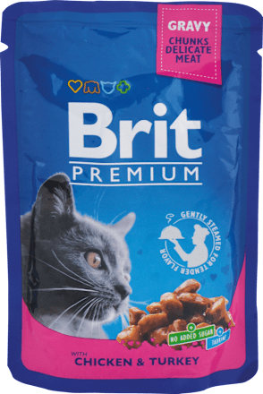 Krmivo pre dospelé mačky v kapsičke Premium s kuracím a morčacím mäsom v omáčke Brit